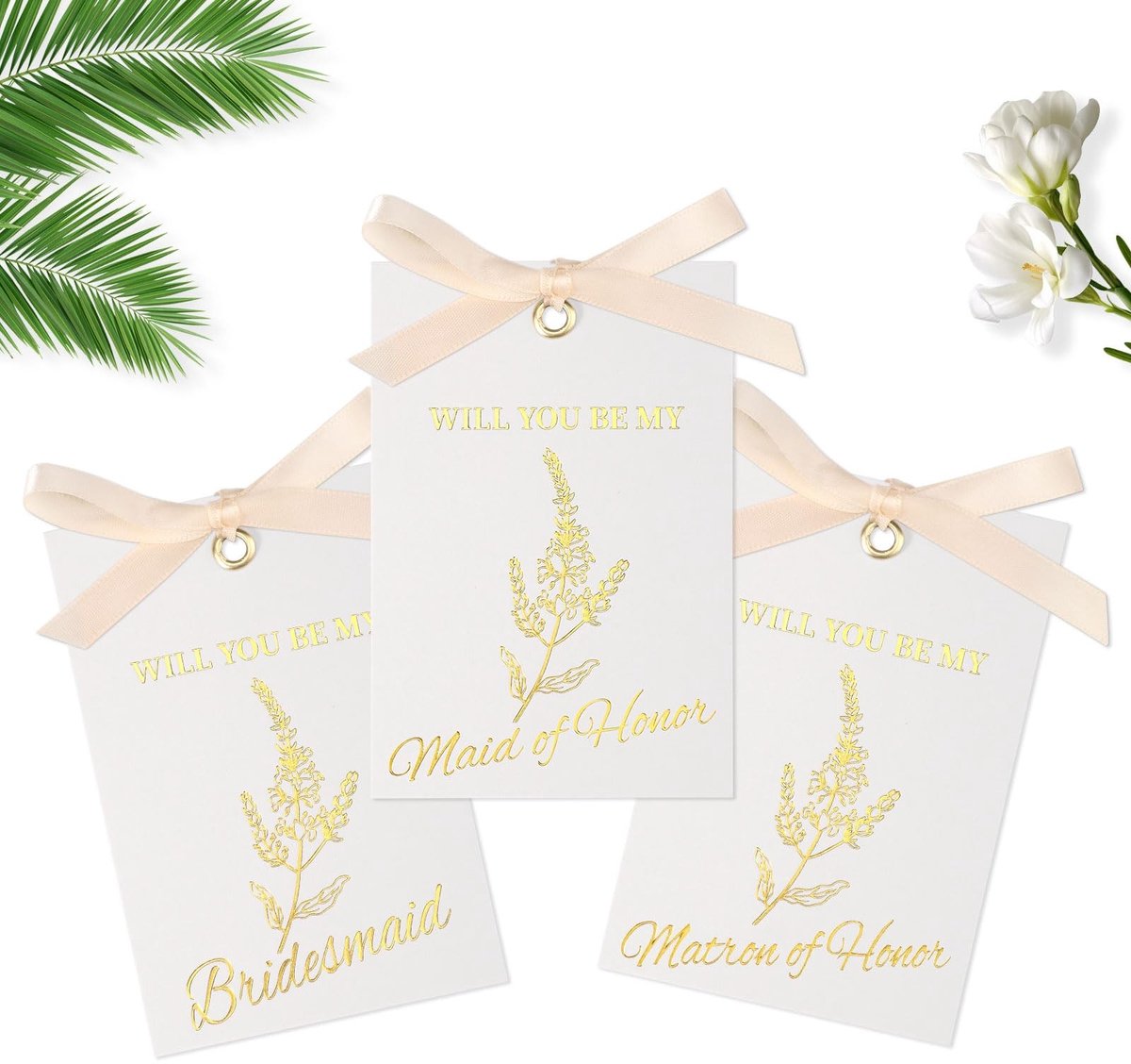 Dailygoods- Bruidsmeisjesaanzoekkaart 11 Stuks - Wil je Mijn Bruidsmeisje/ Eregast - Witgoud - 300 g Gecoat Papier - 10,5 x 7 cm - Inclusief Linten - Uitnodigingskaarten