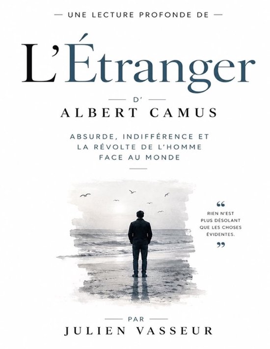 Couverture du livre "L'Étranger" d'Albert Camus, avec un homme sur la plage regardant la mer. Texte : "Une lecture profonde de L'Étranger d'Albert Camus".