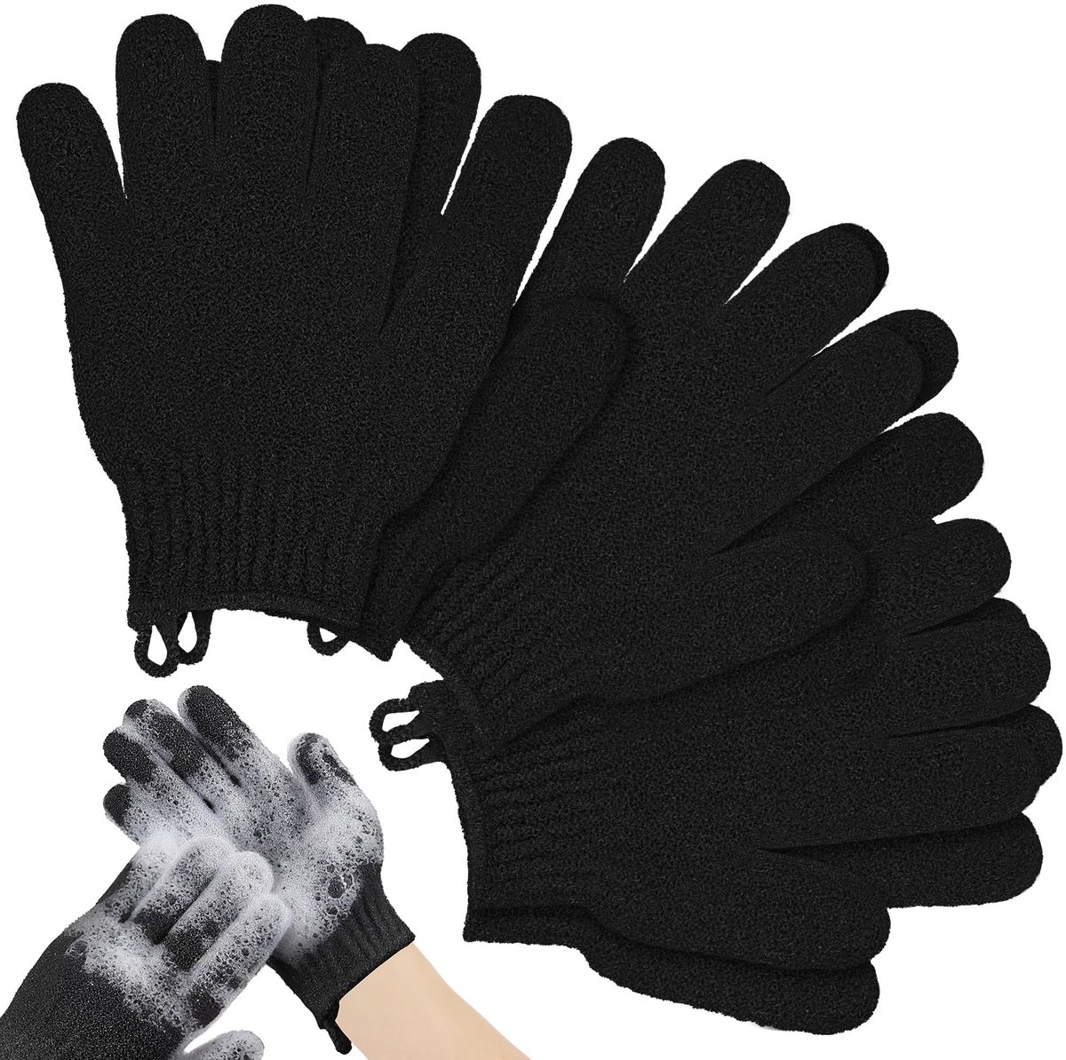 douchehandschoenen, lichaamshandschoen, 3 paar peelinghandschoenen, voor bad en lichaam (zwart)