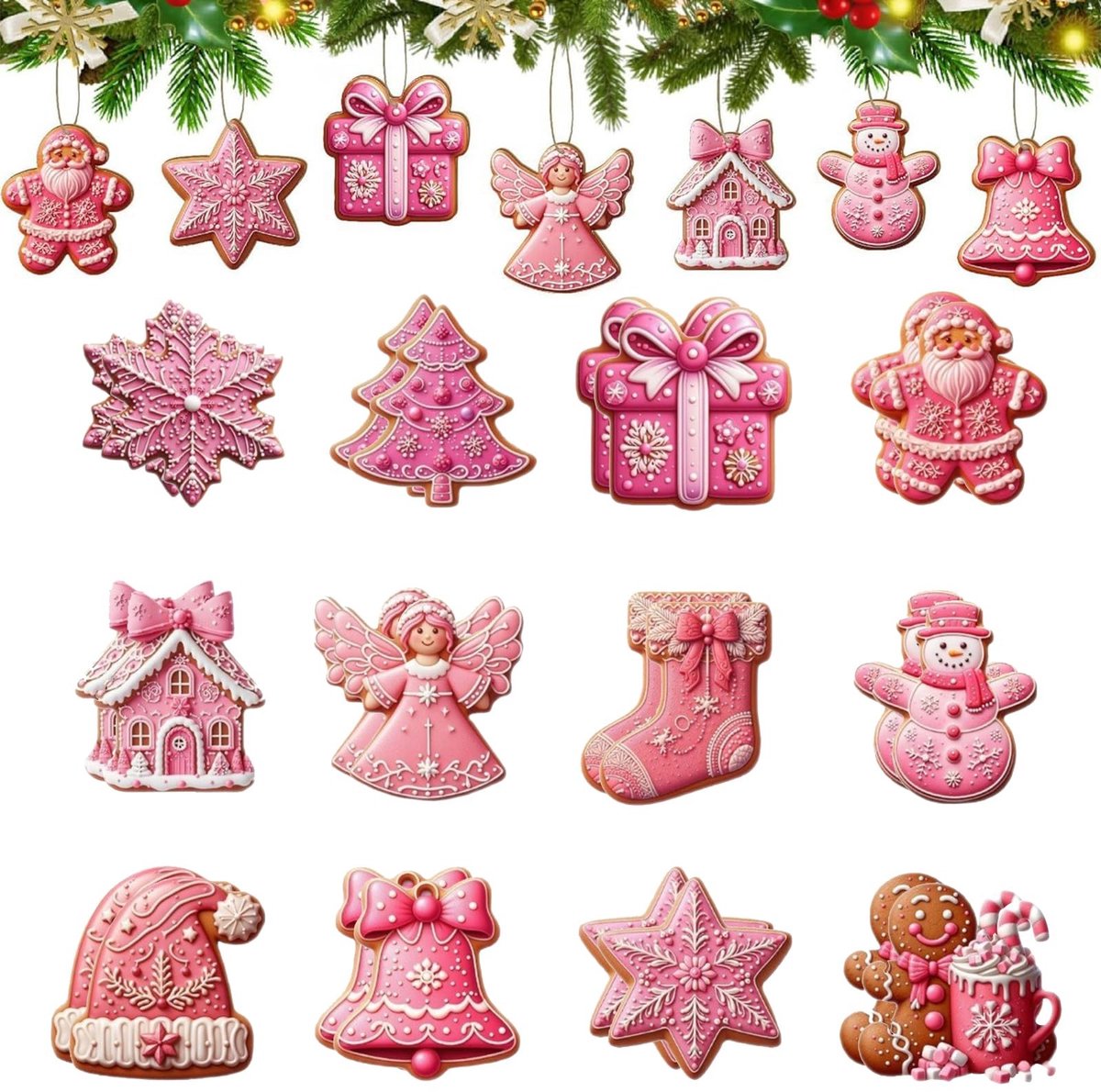 Dailygoods- Kerstboomdecoratie 24 Stuks - Houten Ornamenten - Roze Versiering - Rendier/Bel/Engel/Ster - Rustieke Charme - Feestelijke Sfeer - Kerstversiering
