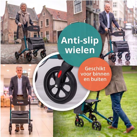 Collage van een turquoise rollator in diverse settings. Anti-slip wielen, geschikt voor binnen en buiten.