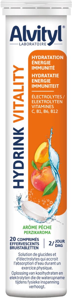 Alvityl Hydrink Vitality – Elektrolyten Bruistabletten Perzik – Hydratatie & Energie – Vermindert Vermoeidheid – Vitamine C, B6 & B12 – Sportdrank Supplement – 20 Tabletten