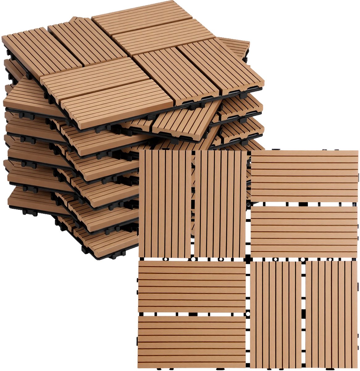 Terrastegels WPC Vlondertegels 8 Latten - 11 Stuks - 30 x 30 cm 1 m² - WPC Composiet Kunststof - Makkelijke en Snelle Montage - Balkontegels - Vlondertegel Set - Onderhoudsvrij - Tuin, Balkontegels - Terrasplanken - Teak