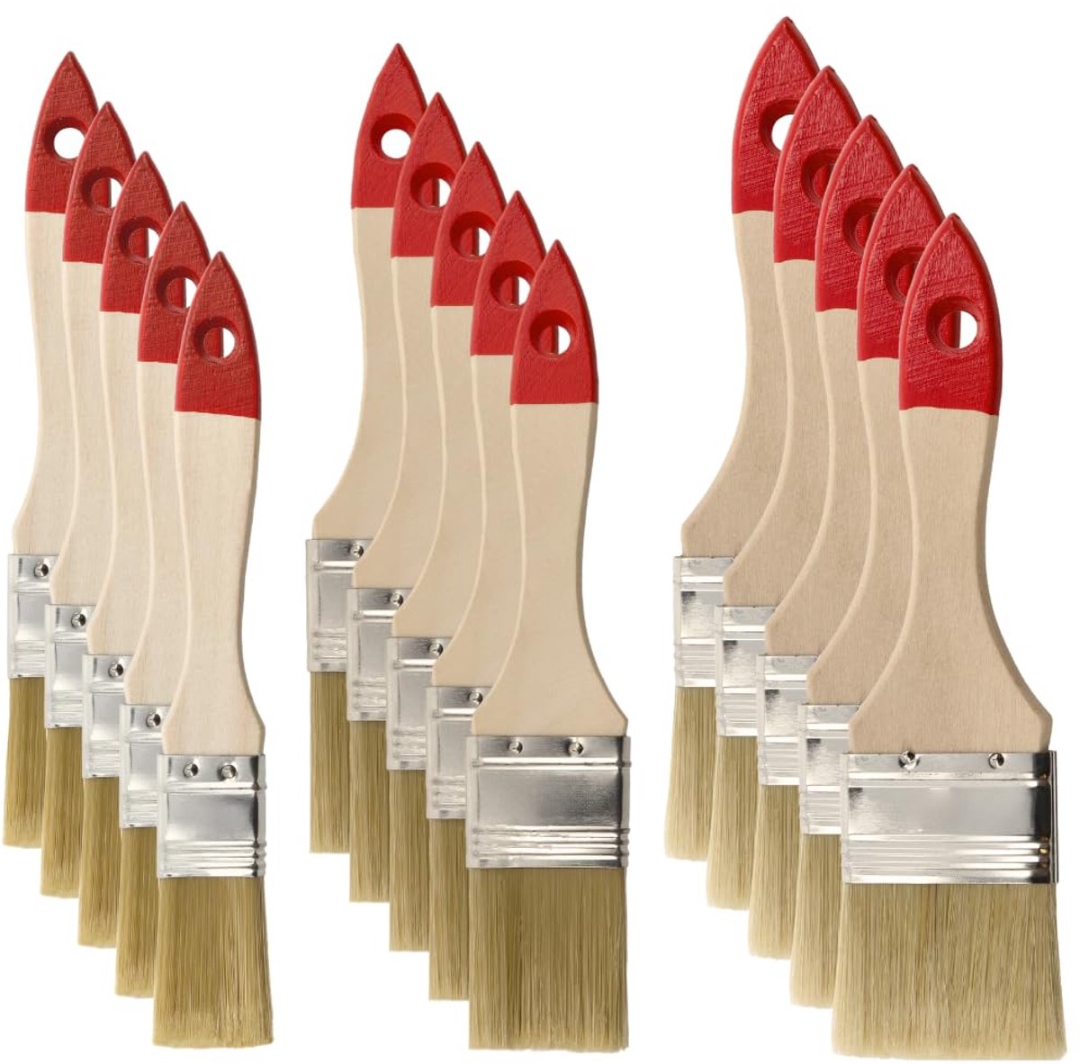 15-delige set platte kwasten: 1“ – 5 stuks (ca. 25 mm), 1,5” – 5 st. (ca 38 mm), 2" – 5 stuks (ca. 50 mm) Serie 30, lakkwast met synthetische lichte haren, schilderskwast met natuurlijk hout