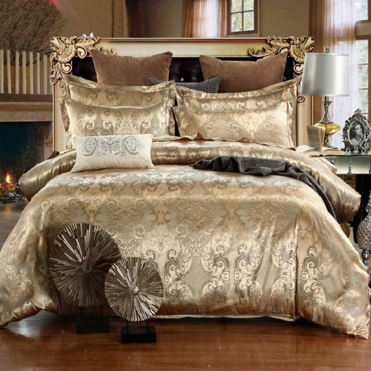 beddengoed, 220 x 240 cm, jacquard-microvezel, 3-delig, 100% ademend, aangenaam voor warme dagen in de zomer, grijze bloemen, goud, dekbedovertrek voor tweepersoonsbed