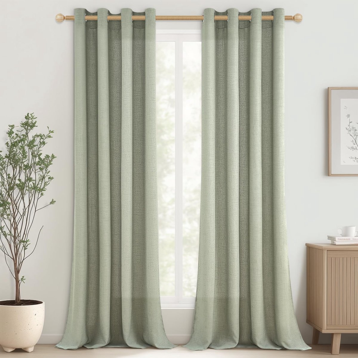 Gordijnen, linnen, halftransparant, saliegroen, raamgordijnen, slaapkamer, inslagringen, set van 2, 245 cm lang, 140 cm breed, gordijn met inslagringen, linnenlook, landhuisgordijn woonkamer