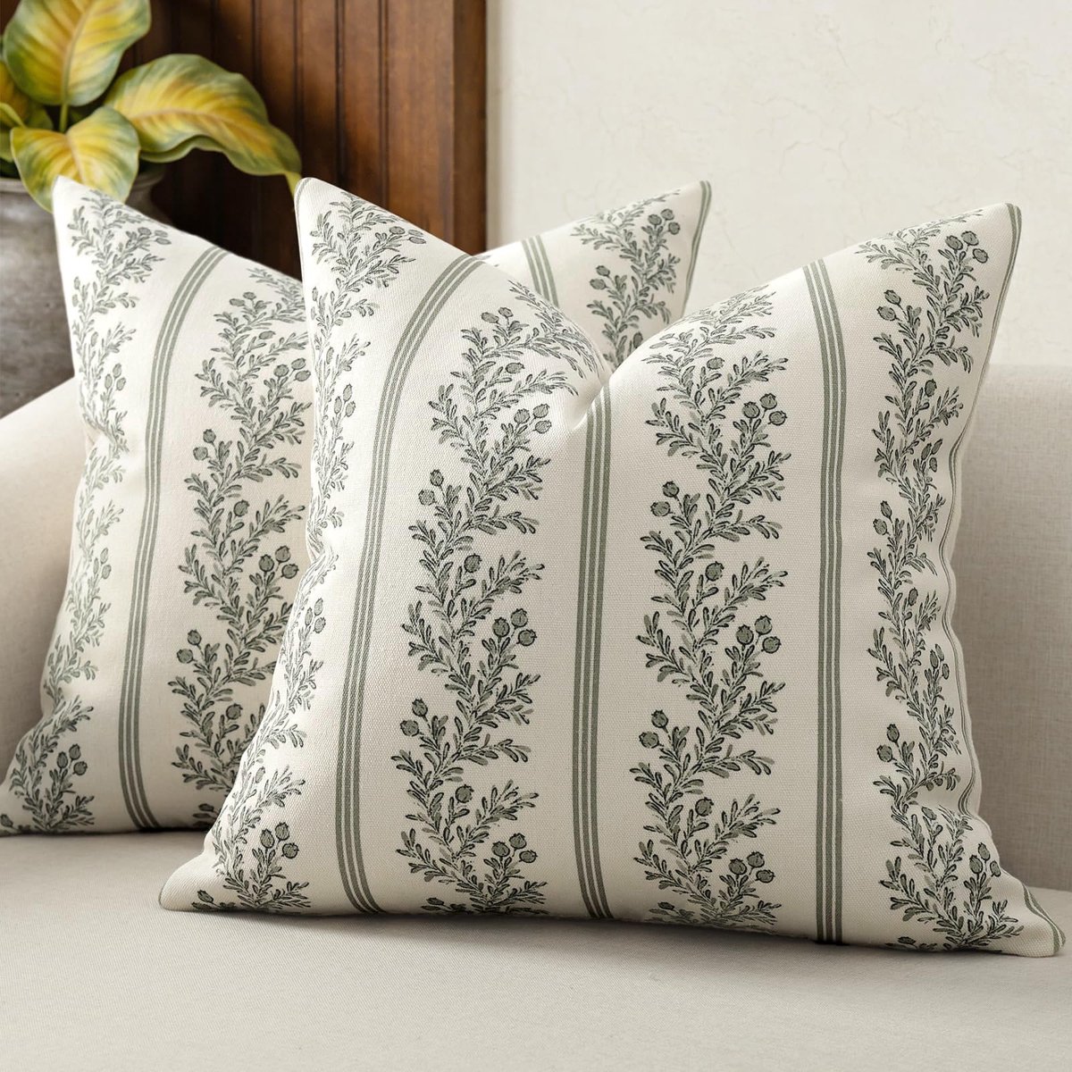 Kussenhoes 45x45, Groen Saliegroen Gestreept & Botanisch, Vintage Retro Sierkussenhoes voor Slaapkamer & Woonkamer, Katoen Linnenlook Set, Landelijke Stijl & Farmhouse
