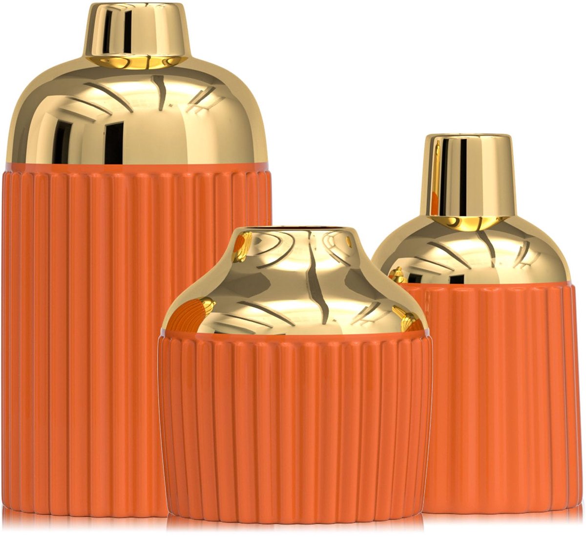 Set van 3 gouden keramische vazen voor woondecoratie, moderne decoratieve vazen voor bloemen, pampasgras en eucalyptus, geribbelde esthetische set voor schoorsteenmantel en plank (oranje)