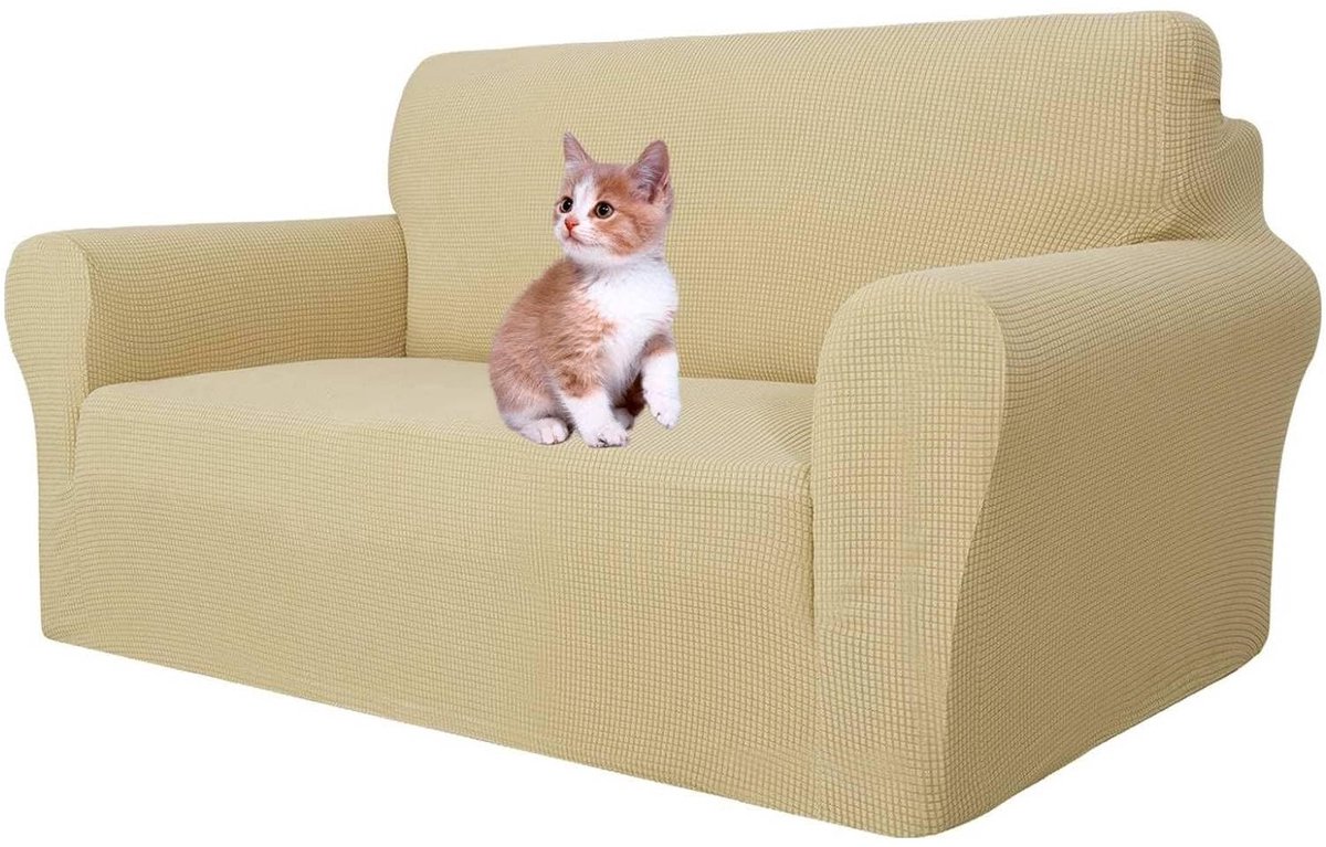 Super Stretch Zetelhoes voor 2 zitplaatsen bank, 1-delige universele bankhoezen woonkamer Jacquard Spandex meubelbeschermer honden huisdiervriendelijk ingerichte bank Slipcover (2 Zitsbank, Be