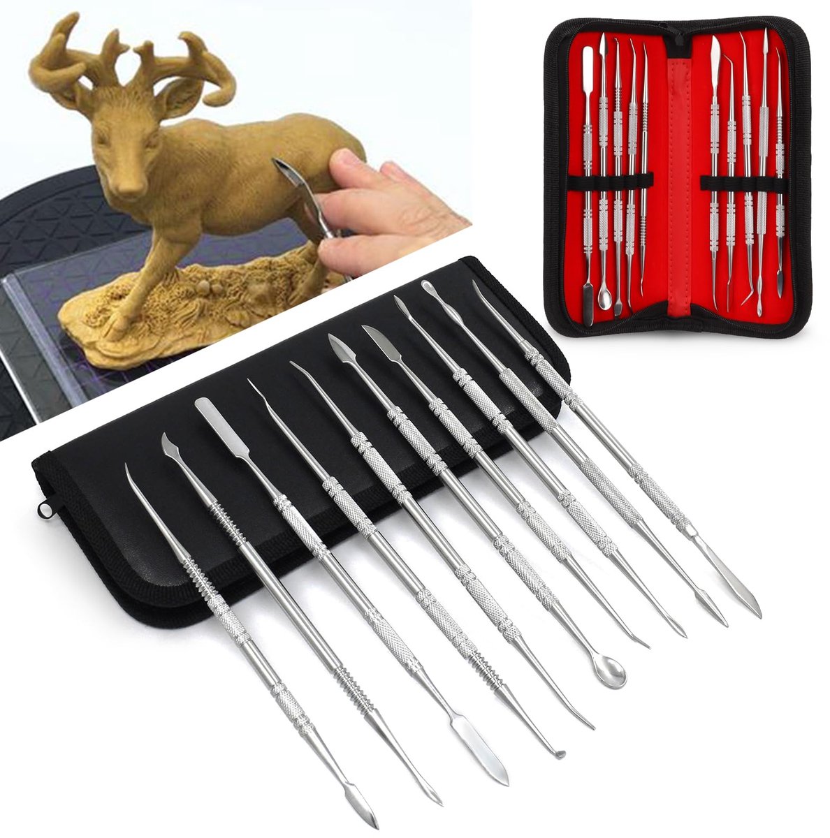 10 stuks dubbelzijdige wasknijpers, roestvrij staal, houtsnijgereedschap, pottery gereedschap voor sculpting, keramiek snijden met opbergtas