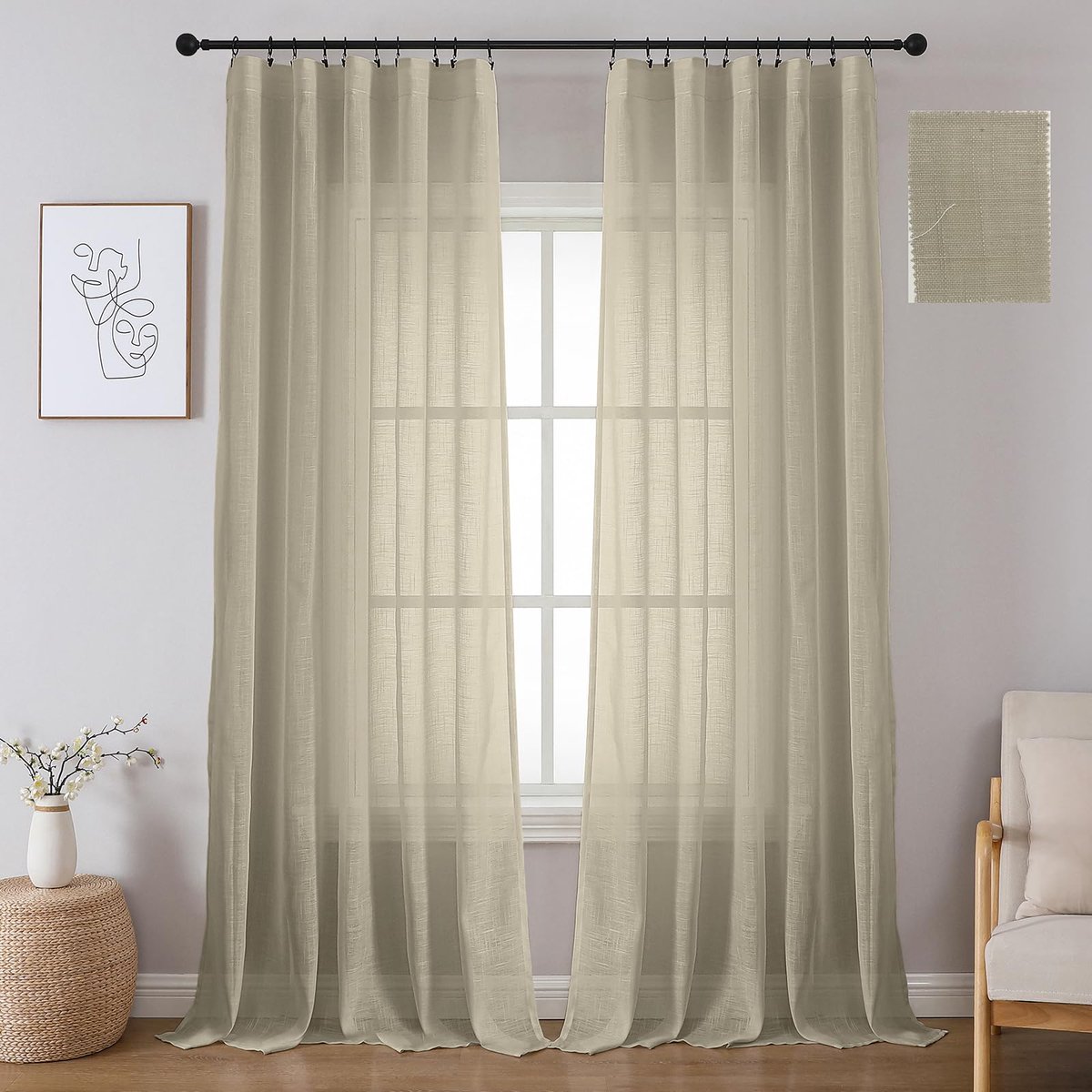 Gordijnen met linnenlook en plooiband, 2 stuks B 140 x H 245 cm, Semi-transparante panelen voor railsystemen, ideaal voor slaapkamers en woonkamers, lichtgrijs