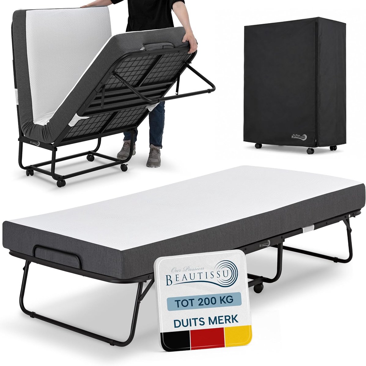 Beautissu Traumkraft D - Opklapbed 90x200 cm met 13 cm Matras, Memory Foam, Logeerbed voor Volwassenen tot 200 kg, Bed met 4 Vergrendelbare Wielen, Ruimtebesparend met Beschermhoes Draad