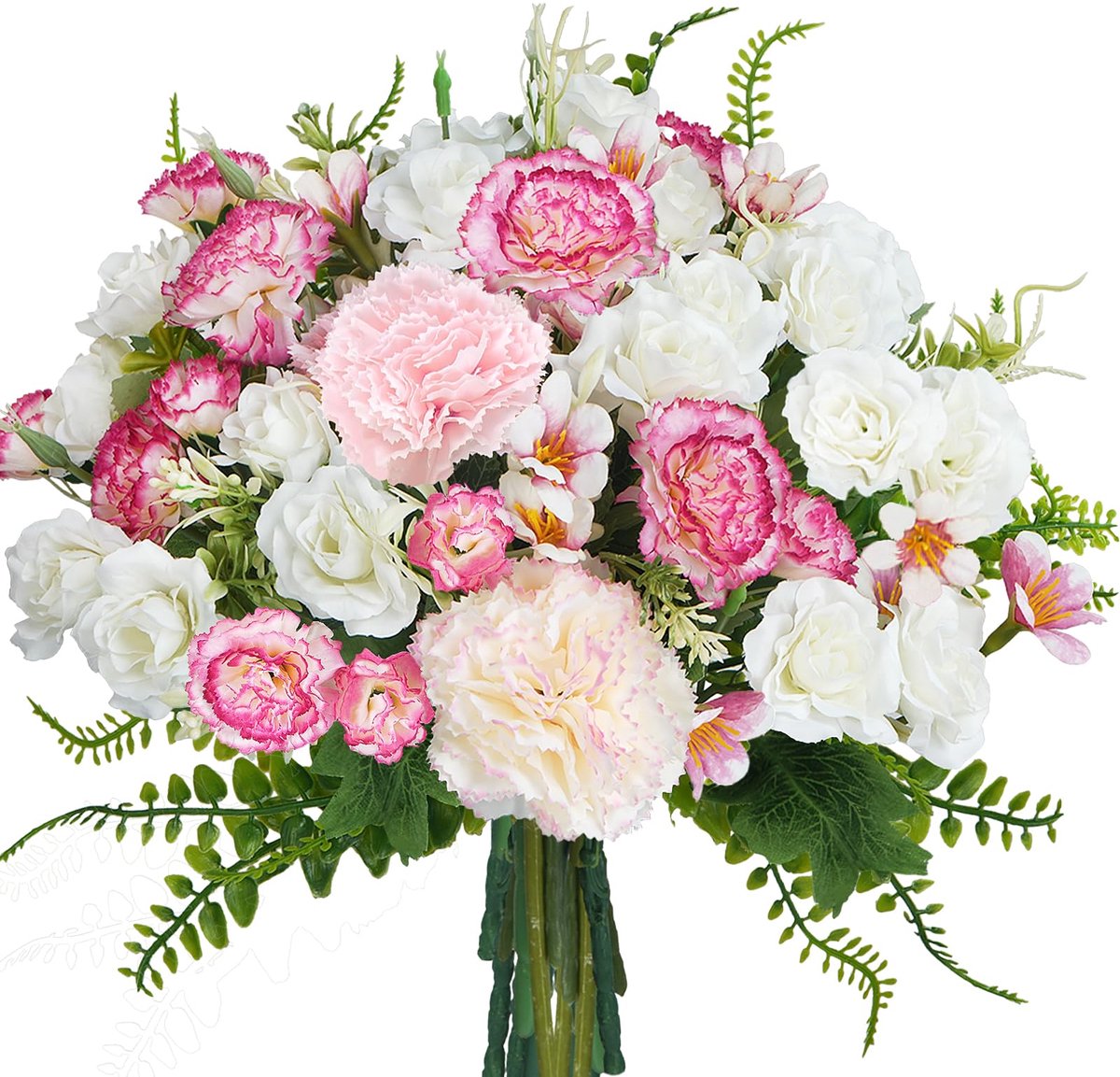 Boeket van kunstbloemen, roze, van anjers en witte rozen, kunstbloemen, decoratief boeket, kunstmatig als echte zijden bloemen voor bruiloft, Valentijnsdag, Moederdag