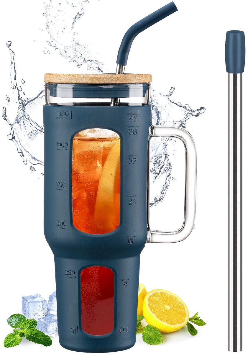 Glazen beker met deksel en rietje, 1400 ml ijskoffiebeker met handvat, glazen waterflessen met siliconen hoes, 1,4 l glazen beker met 2 rietjes, BPA-vrij, blauw