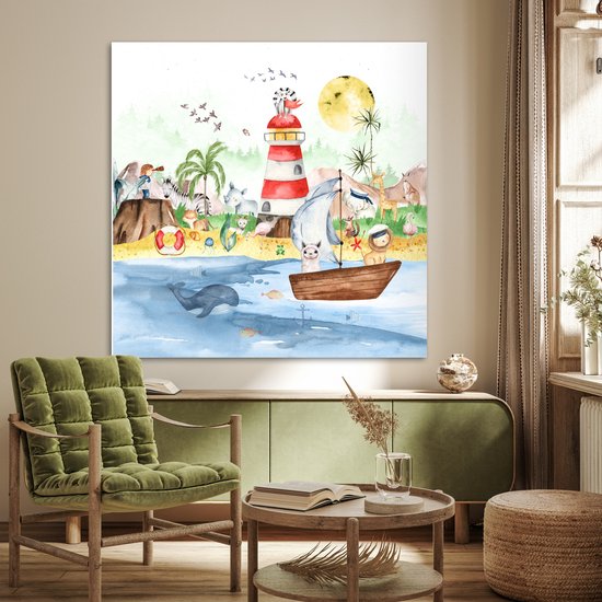 Poster kinderen - Wanddecoratie jongens - Strand - Dieren - Kinderen - Vuurtoren - Poster kinderkamer - 100x100 cm - Decoratie kinderkamers - Kinderkamer decoratie - Poster Babykamer — afbeelding 2