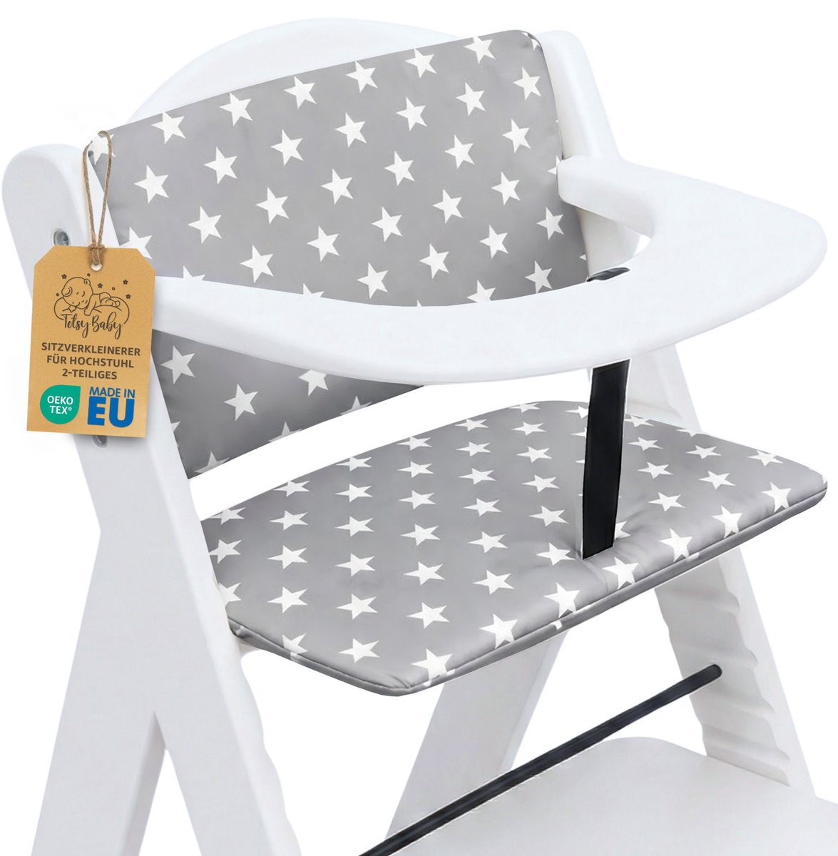 Stoelverkleiner Kinderstoel Kussen Baby Zitkussen - 2-delig - Stoelkussen voor Hauck Stokke Hoge Babystoel Trapstoel Waterafstotende Bekleding Oeko-Tex certificaat Grijs Met Sterren