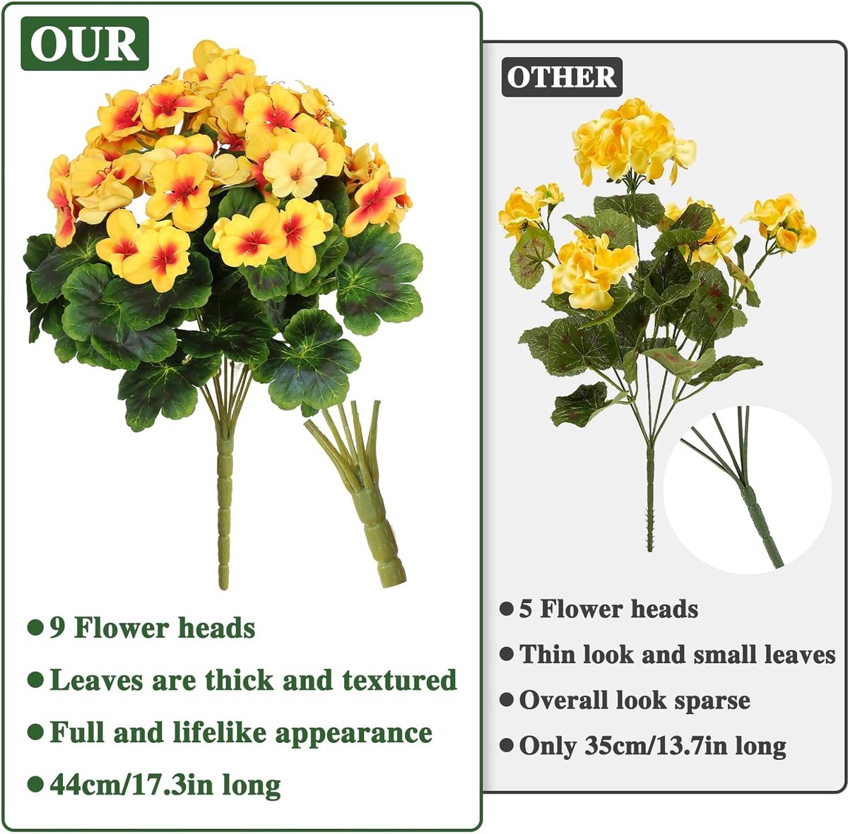 Kunstgeraniums voor buiten 17,3 inch kunstbloemen 3 bundels zijden bloemen nep buitenbloemen kunstplanten UV-bestendig voor huis tuin vaas tafel middelpunt (geel)