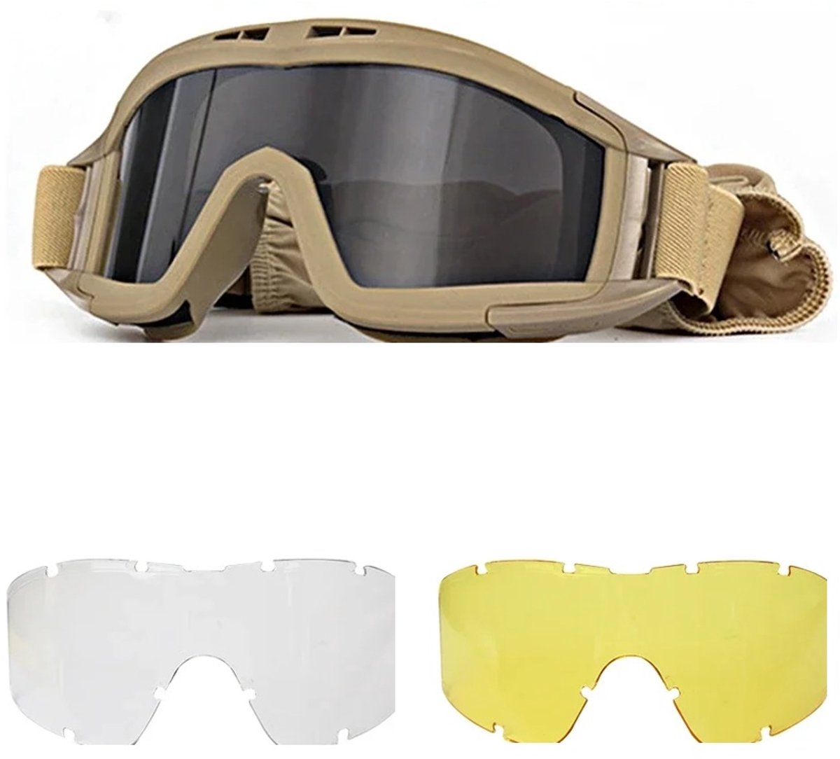 Nieuwe Airsoft tactische bril 3-lens winddicht stofdicht schieten motorcross motorfiets bergbeklimmen bril CS veilige bescherming (3 Lens Khaki Set)