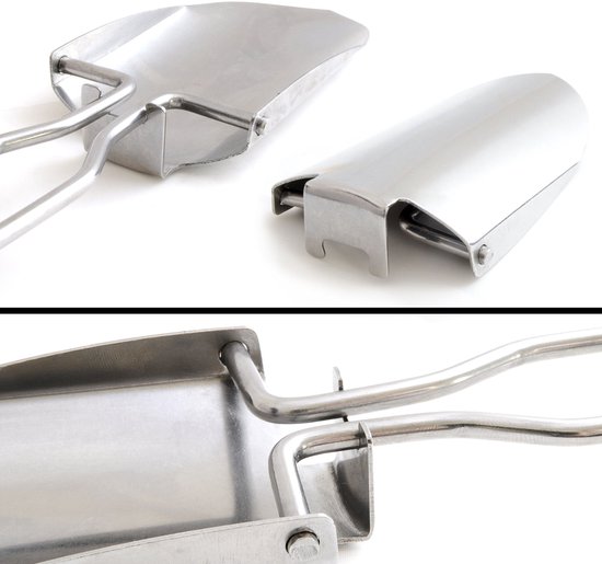 inklapbare mini handschep klapschep van roestvrij staal, zilver, openklapbaar met stevige rondgreep, compact 115 mm x 70 mm x 20 mm, lengte 220 mm, met stofetui — afbeelding 2