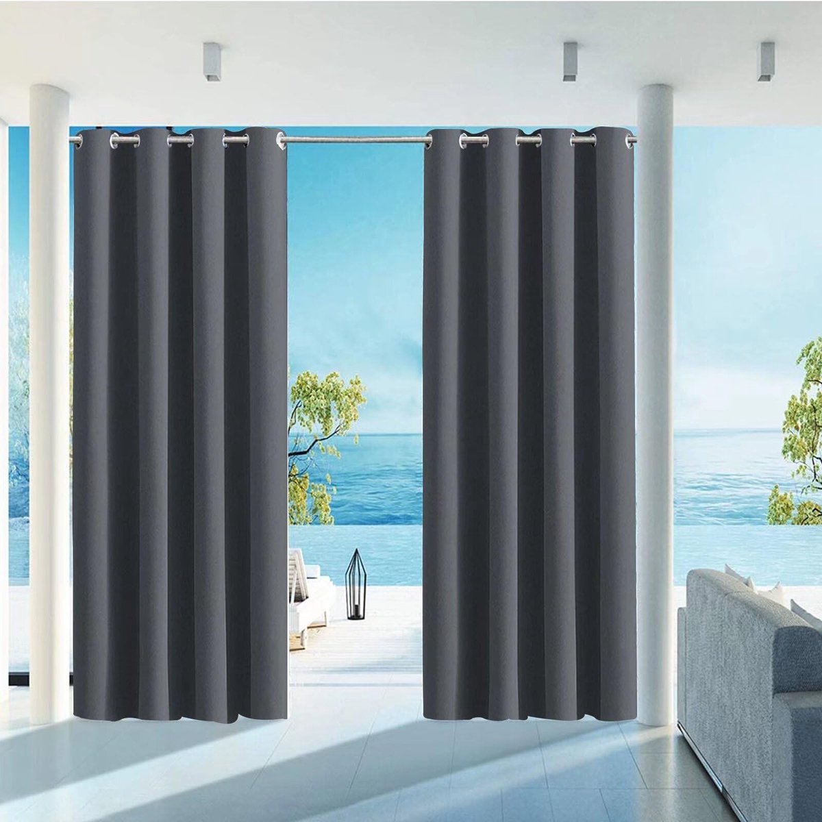 Gordijn, waterdicht, weerbestendig, ondoorzichtig, 120 x 174 cm, donkergrijs, verduisteringsgordijnen met oogjes, inkijkbescherming, zonwering, voor balkon, terras, pergola, tuinprieel, veranda