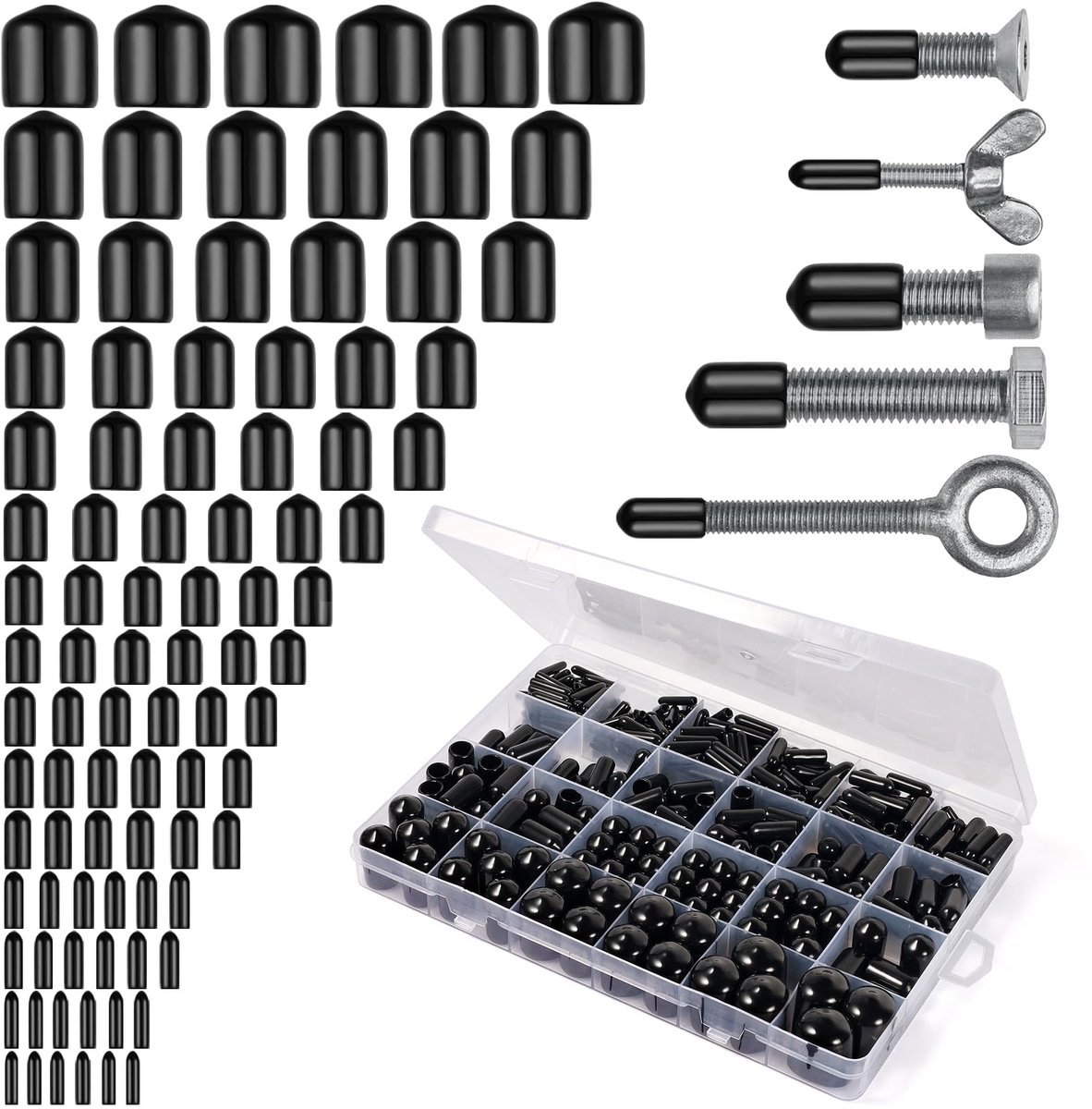 Rubberen Eindkappen voor Schroeven, Zwarte Ronde Buis, Rubberen Stoppers, Diameter 10 mm, 9 mm, 8 mm, 7 mm, 6 mm, 5 mm, 4 mm, 3,5 mm, 3 mm, 2,5 mm, 2 mm, PVC, Rubber Doppen (350pcs-15 maten)