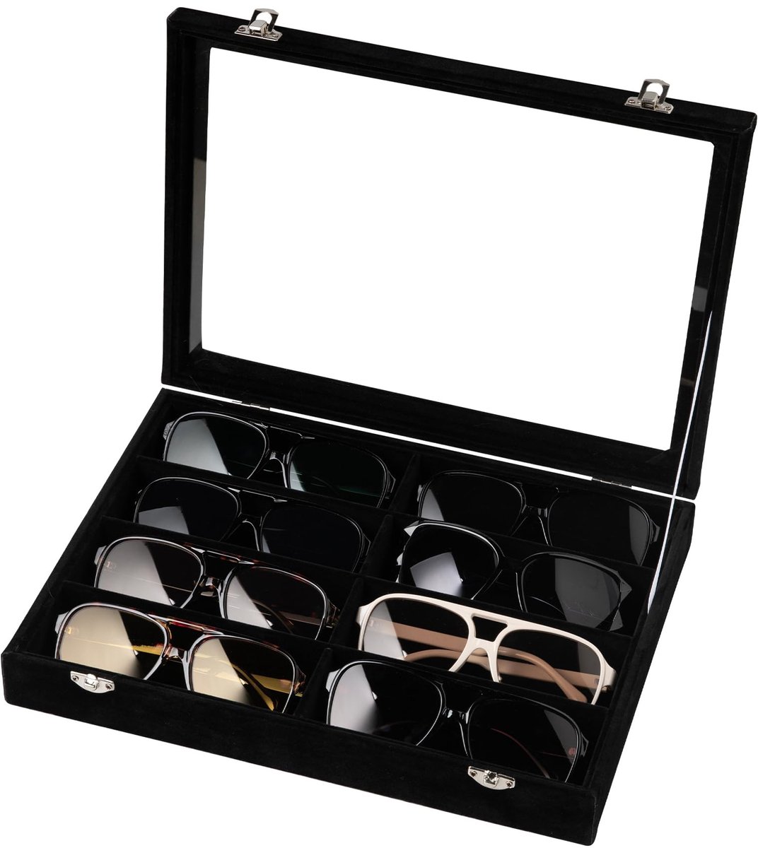Frebeauty Zonnebril Organiser, Fluwelen Brillenorganizer, 8-Slot Brillentray met Clear Deksel, Heren & Dames Brillencase, 33,3 x 9,6 x 2,2 inch