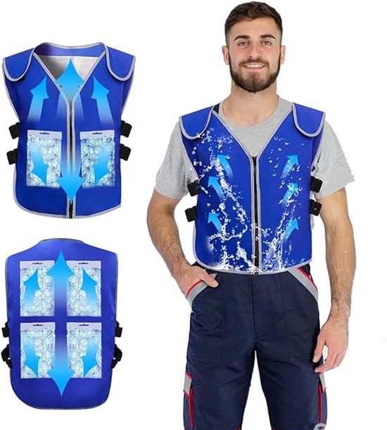 Man draagt blauw koelvest met blauwe ijspakken. Voor- en achterkant van het vest met pijlen die koelte aangeven.