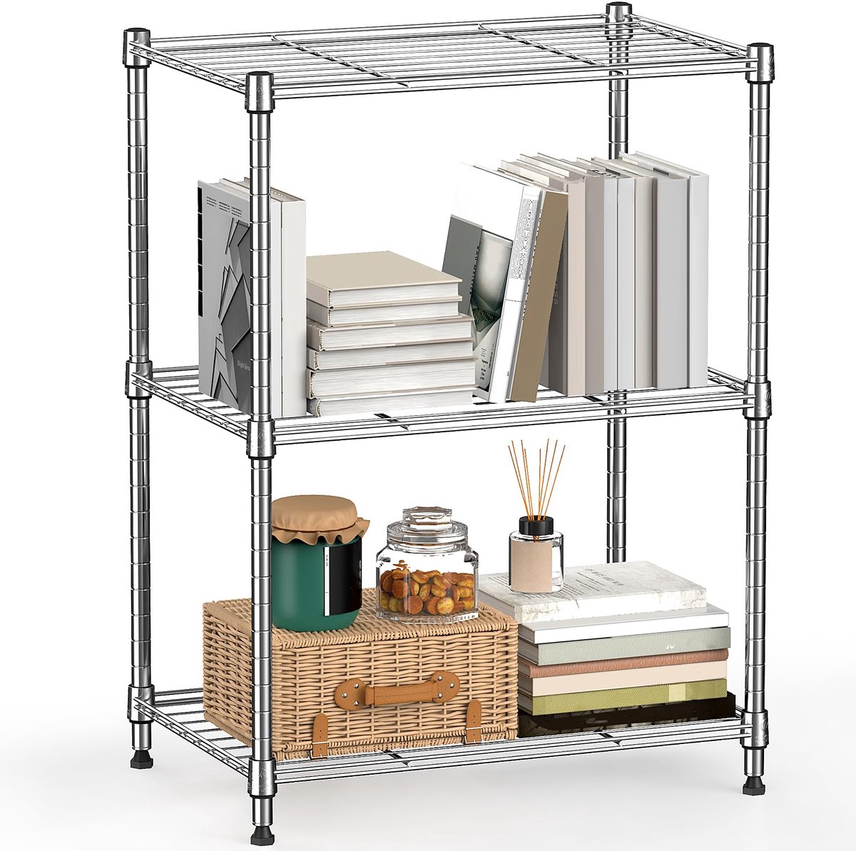 Opbergrek met Verstelbare Planken, 3-Laags Draadrek voor Keuken, Badkamer, Wasruimte en Thuisopslag, Vrijstaande Stellingkast, 30×45×67,1 cm, Draagvermogen tot 204,3 kg,Chroom