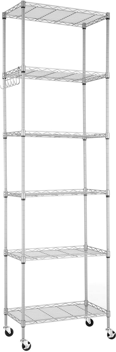Staande rek met 6 verdiepingen, in hoogte verstelbaar, duurzaam rek met haken voor badkamer, keuken, garage, slaapkamer, zilver, 29 cm x 54 cm x 175 cm
