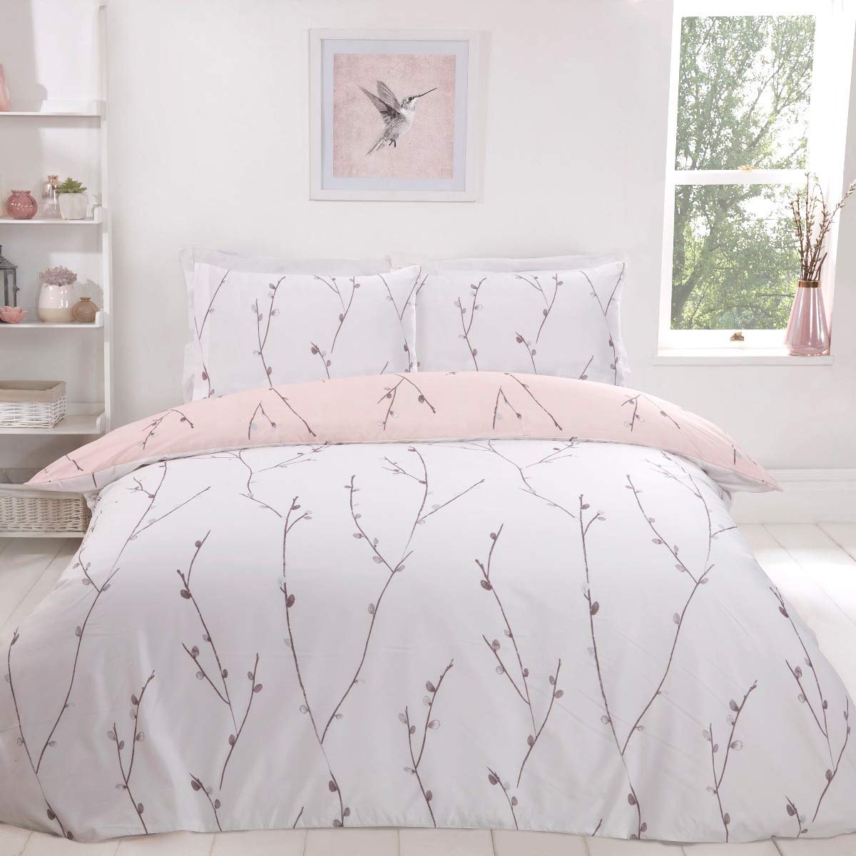 Willow Floral Blush Pink Ultra zacht, onderhoudsvriendelijk hypoallergeen bedrukt wit omkeerbaar dekbedovertrek dekbedovertrek dekbedovertrek beddengoedset met kussensloop - eenpersoons (135