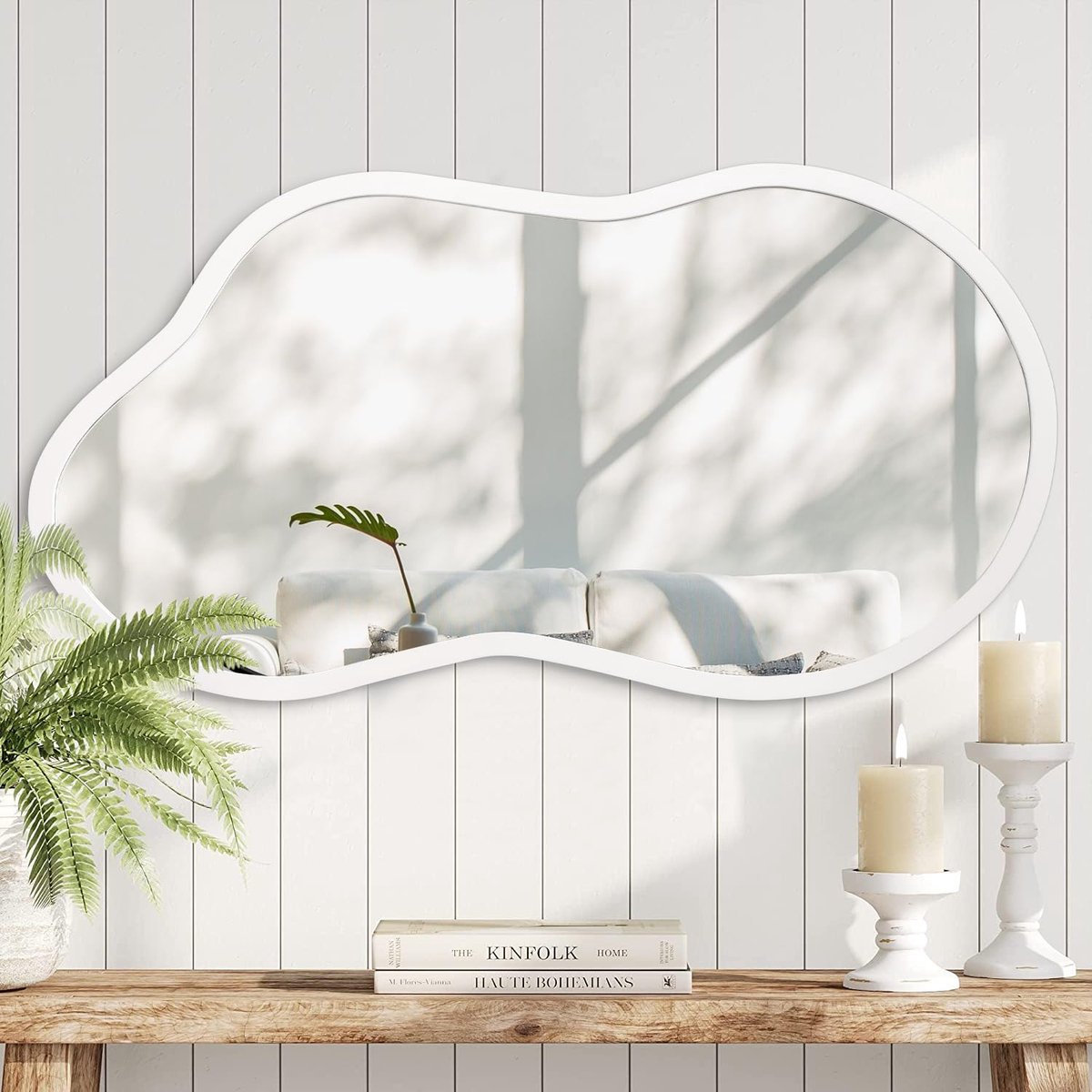 Kleine Wandspiegel met Onregelmatige Houten Lijst, Decoratieve Witte Ophangspiegels voor Slaapkamer, Kleedkamer, Woonkamer, Badkamer, Entree