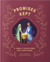 Bordeauxrood boek getiteld Promises Kept, met een goudkleurige illustratie van Jozef en Maria bij de kribbe.
