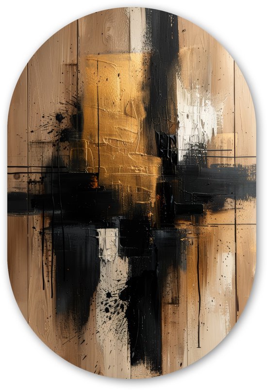 Muurovaal 40x60 cm - Ovale wanddecoratie Modern - Zwart - Goud - Verf - Ovalen schilderij - Muurdecoratie woonkamer - Kamer decoratie - Schilderijen - Wandcirkel
