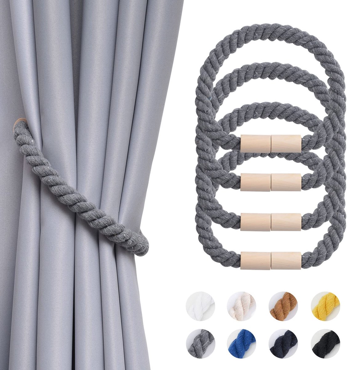 Jolly 4 Pack Houten Magnetische Gordijn Tiebacks Landelijke Retro Stijl Drape Tie Ruggen Natuurlijke Katoen Handgemaakte Touwgordijn Holdbacks voor Dunne of Dikke Thuis & Kantoor Raamgordijn (G