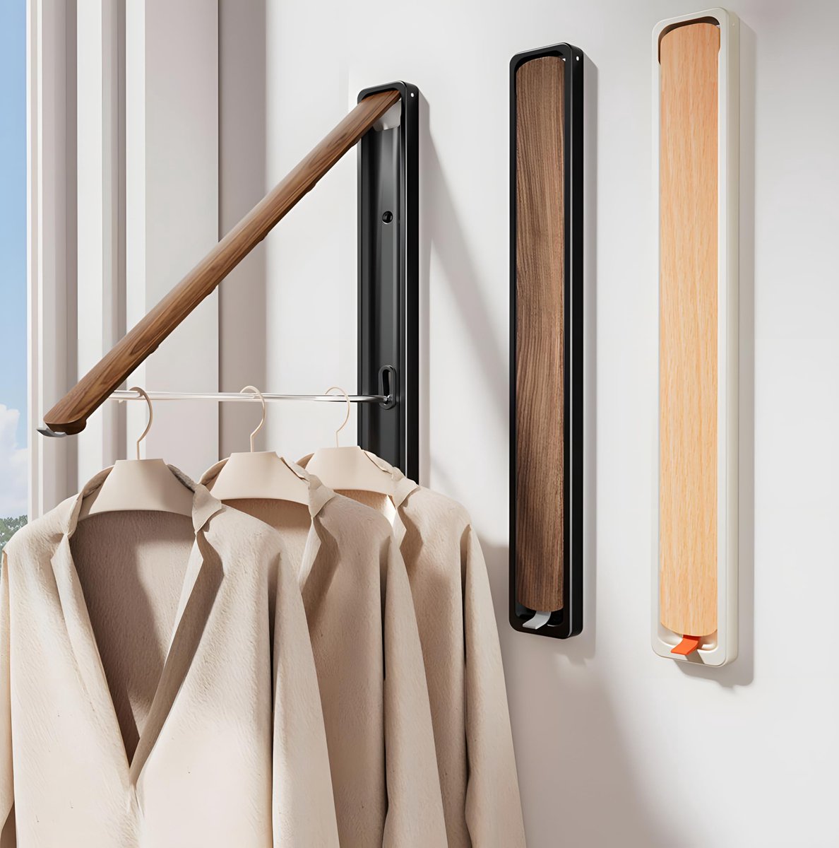 kledingstang, wandmontage, aluminium, uittrekbare garderobe, kledinghaken, ruimtebesparend, modern design in walnootlook of beukenlook (wit)