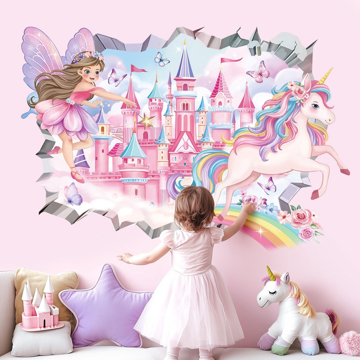 decalmile 3D Muursticker, Fee, Kasteel, Roze, Decoratief Vinyl, Eenhoorn en Regenboog, Vlinder, Meisjes, Muursticker, Kinderkamer, Baby's, Kleuterschool