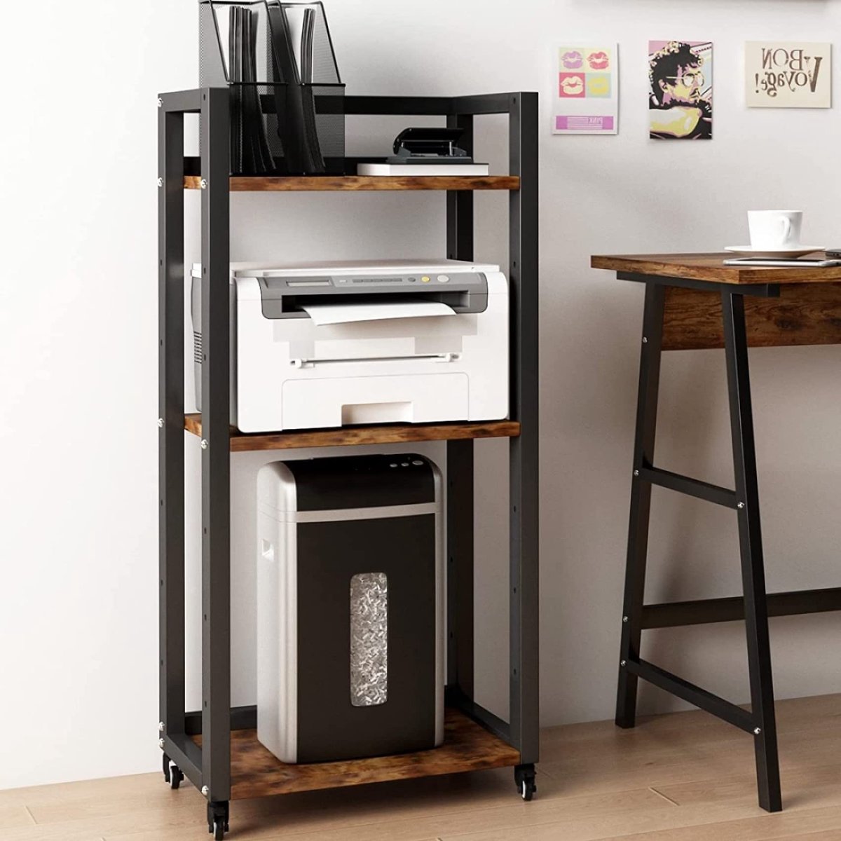 Printertafel, in hoogte verstelbaar, 3 verdiepingen, met wieltjes, mobiele printwagen van hout en metaal, voor papiervernietiger, organizer, opbergrek, wit, voor werkkamer, kantoor, keuken