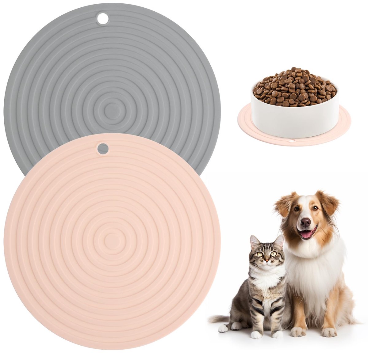 2 stuks naponderlegger rond siliconenmat hondennapf onderlegger voeronderlegger voernapf voermat mat kattenvoer voernapf hond katten voor middelgrote en kleine onderzetters roze + grijs 24cm