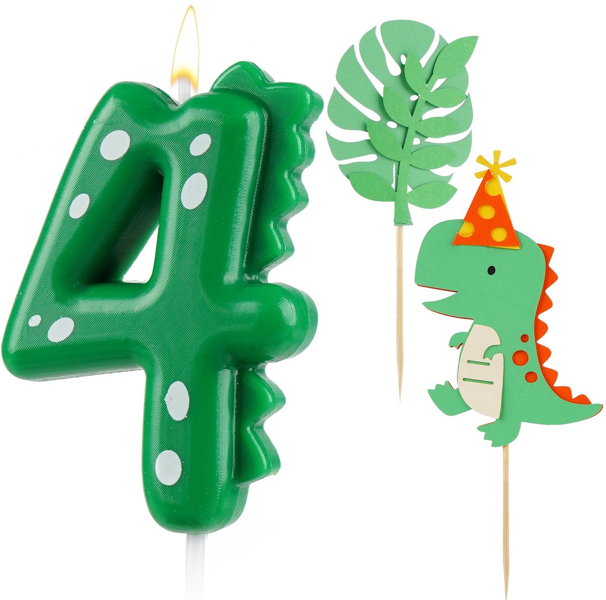 cijfers 4, kaarsen verjaardag dinosaurus, met 2 x dino-taartdecoratie, verjaardagskaars, kaars verjaardag, kaars 4, groene cijferkaarsen voor taart kinderen 4 jaar jongen