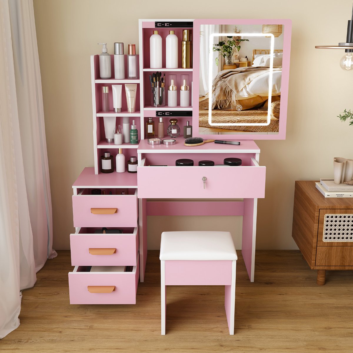 KOMHTOM Kaptafel met Spiegel en Verlichting - Inclusief Kruk - 4 Lades - 3 Kleuren Verstelbare LED - Roze - 85x130x36cm