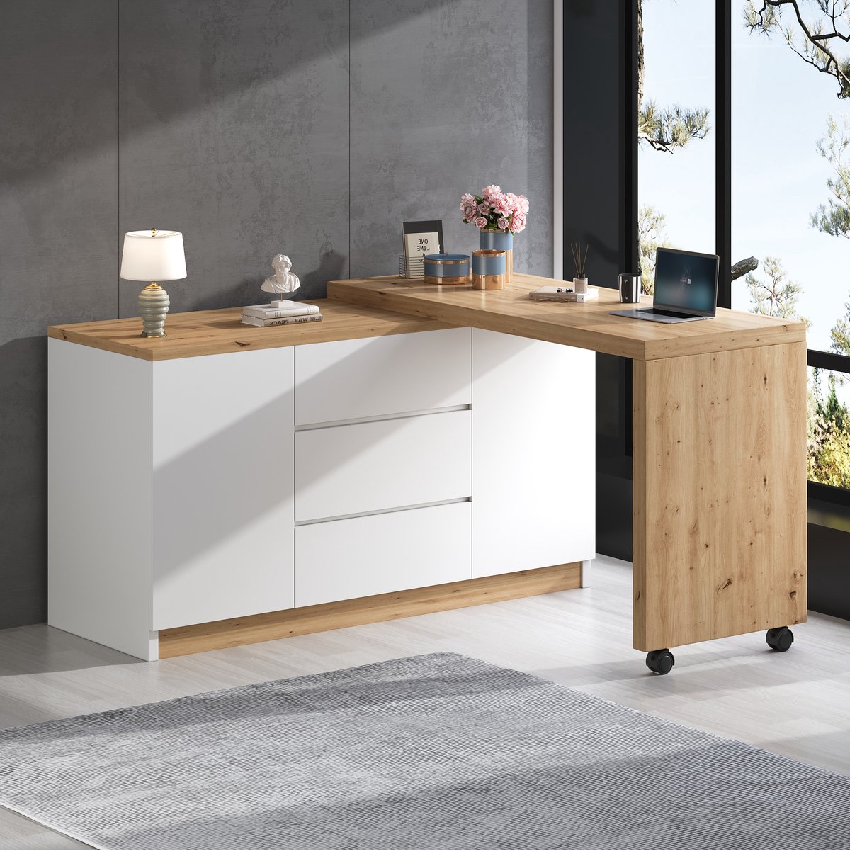 KOMHTOM Bureau - Wit/Eiken - Verstelbaar Draaibaar Tafelblad - Met Vergrendelbare Wieltjes - Opvouwbaar Hoekbureau - 4cm Dik Materiaal - Multifunctioneel Thuiskantoor Computerbureau