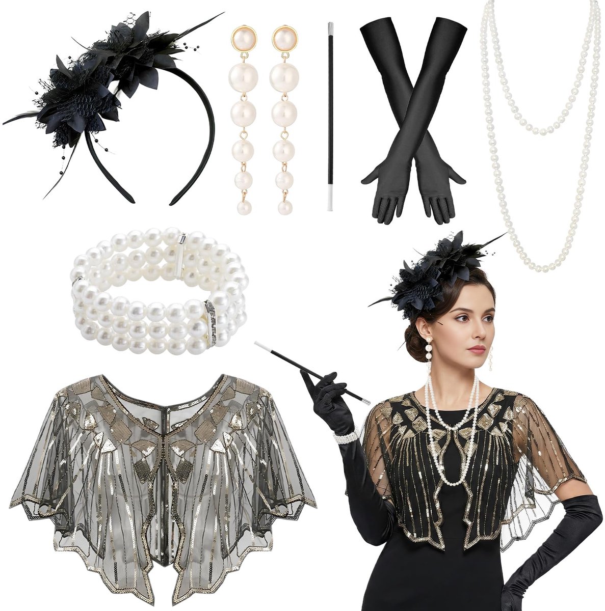 Jaren 20-kostuum voor dames, 8-delige Great Gatsby-accessoires, jaren 20-jurk, accessoireset met hoofddeksel, handschoenen, halsketting, armband, oorbellen voor carnaval, Halloween