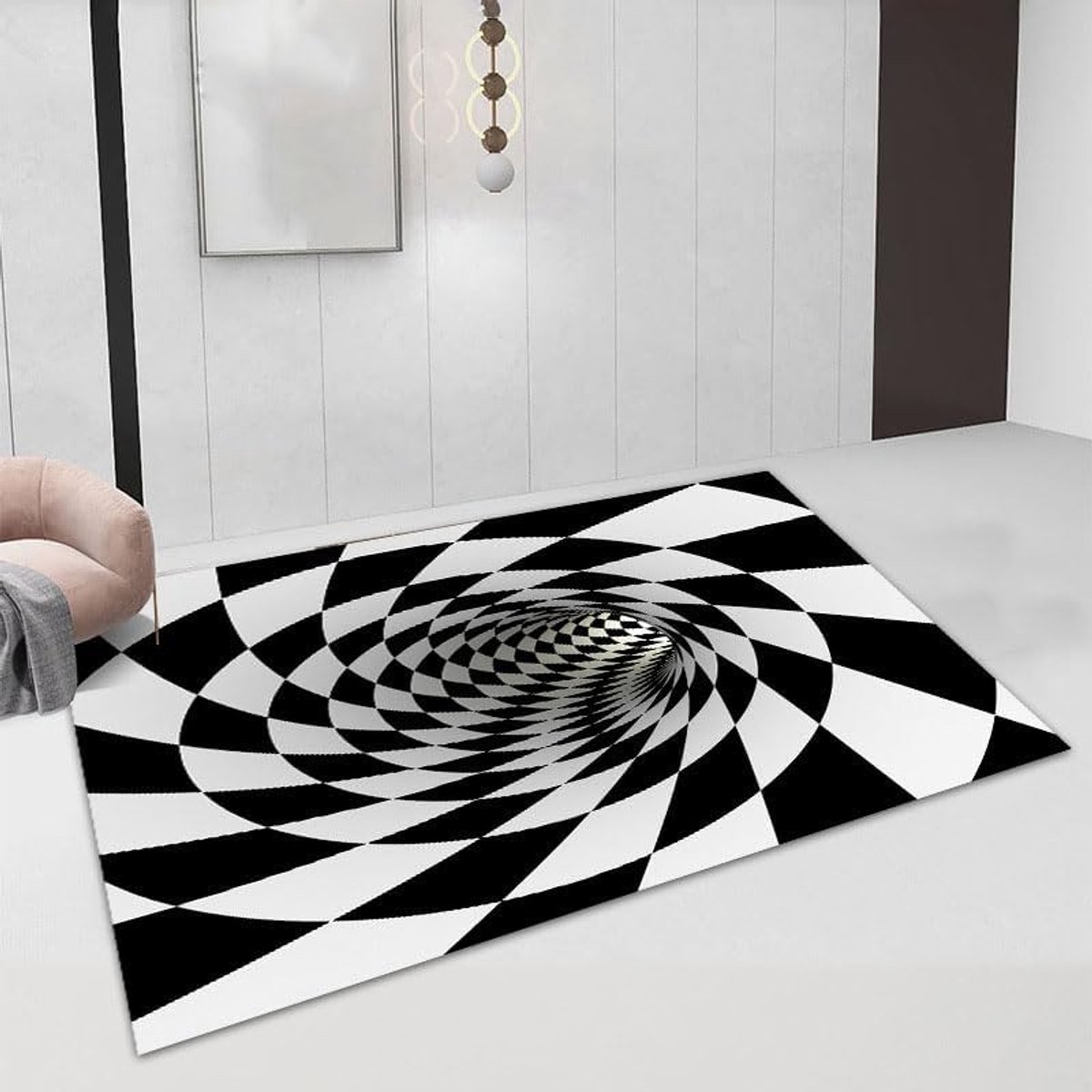 3D illusie tapijt antislip vloerkleed tapijt mat vloermat zwart wit tapijten voor slaapkamer woonkamer kantoor abstracte driedimensionale rechthoek polyester 3D swirl tapijt(50 * 80cm,5)
