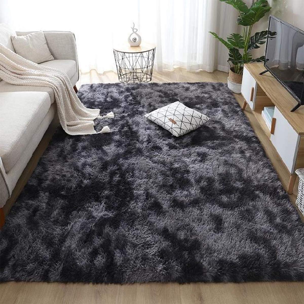 Vloerkleed voor woonkamer, slaapkamer, jongeren, meisjes, shaggy, modern design, lang, zacht, antislip, groot tapijt voor kinderen, slaapkamer (zwart/wit, 135 x 185 cm)