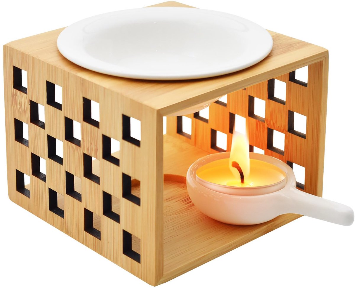 Geurlamp voor etherische oliën, geurlamp, theelicht keramiek bamboe, afneembare kom, geurlicht voor geurolie, geurwas, aromalamp met kaarshouder, geurstoofje voor thuis, kantoor, spa, yoga