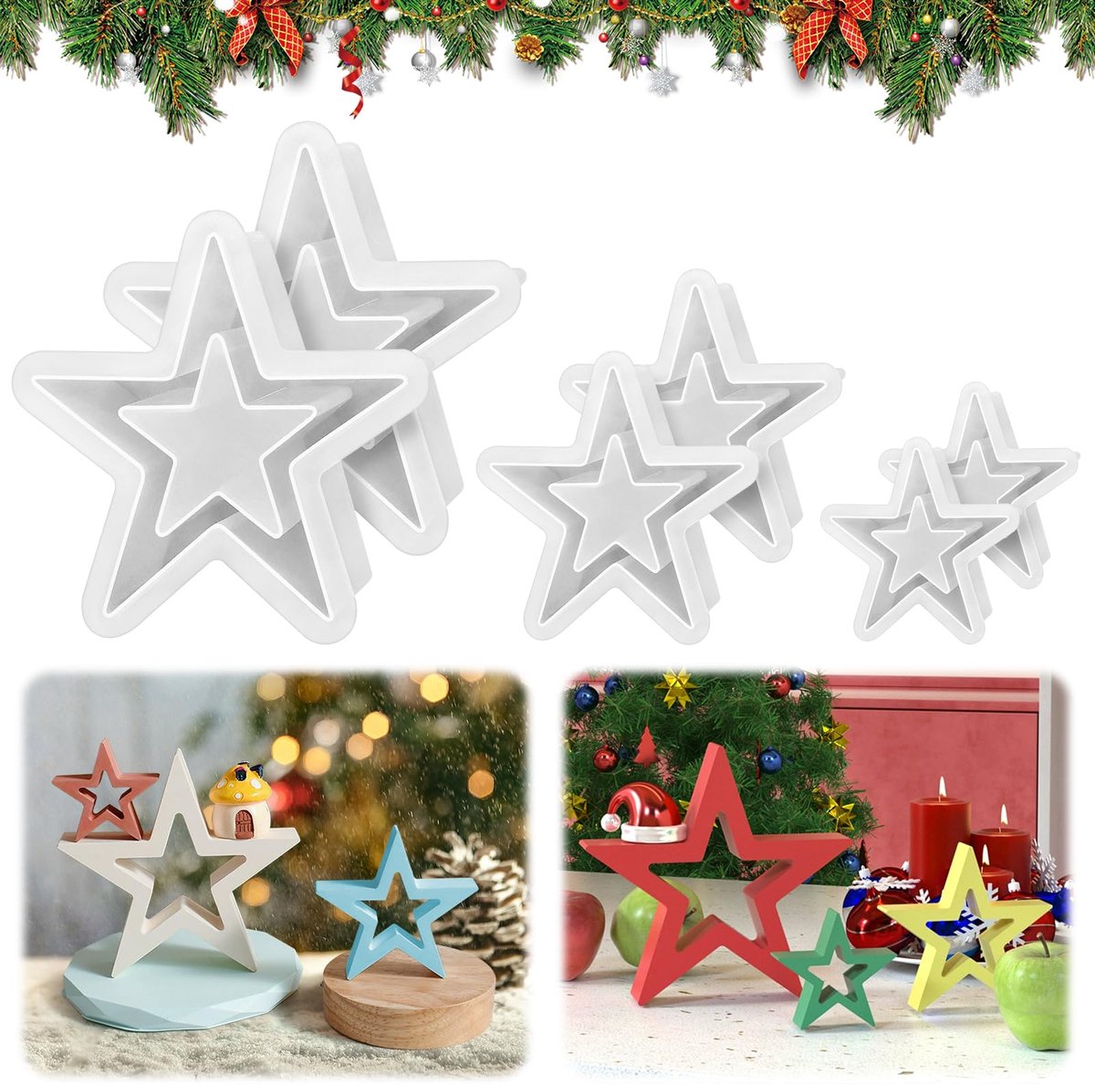 gietvormen voor kerst, sterren, siliconen gietvorm, kaarsvorm, Kerstmis, 6 stuks, wit
