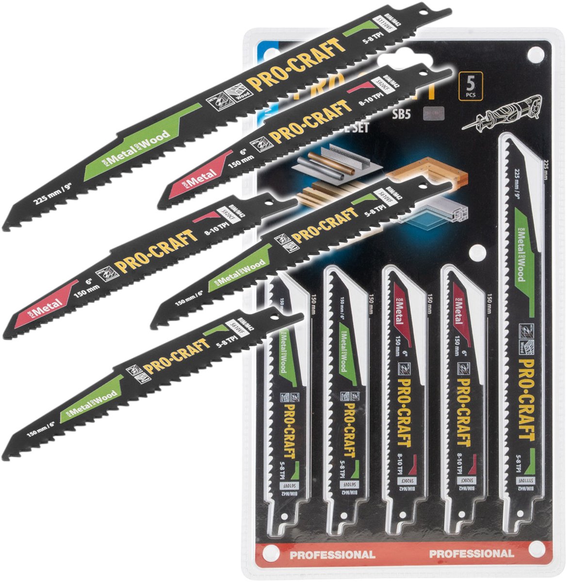 Procraft SB5-reciprozagbladenset, 5-delig, 150 - 225 mm voor hout / metaal / kunststof