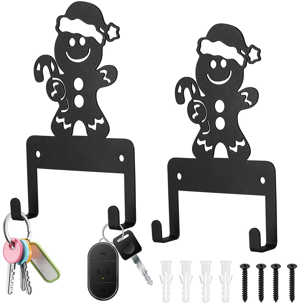 2 stuks sleutelhouders voor muur, sleutelhaken aan de muur gemonteerd, sleutelrekken sleutelhangers, zwarte wandgemonteerde sleutelhouder met 2 haken, zelfklevende sleutelhaken of boor, voor hal,