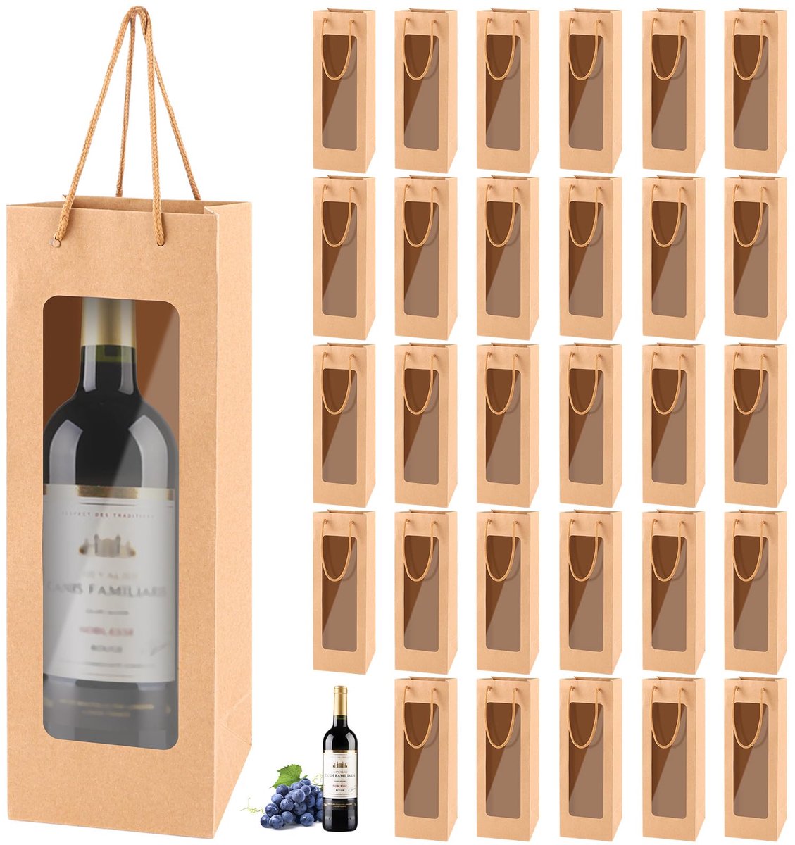30 stuks geschenkzakjes van kraftpapier voor flessen, verpakking met handvat, wijnzakjes, wijnflessen, zakjes voor Kerstmis, bruiloft, feest, verjaardag (bruin)