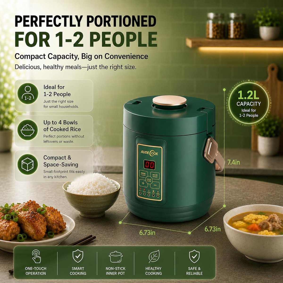 Rice Cooker Mini Elektrische rijstkoker, 1,2 l met Low Sugar-functie en stoompan voor 1-2 personen, 5 multicooker-programma's, Rice Cooker Mini met warmhoudfunctie, timer (groen) – foto 5